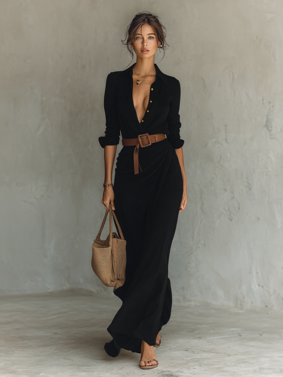 Long Maxi Dress with Lapel Collar and Belt Included