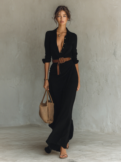 Long Maxi Dress with Lapel Collar and Belt Included