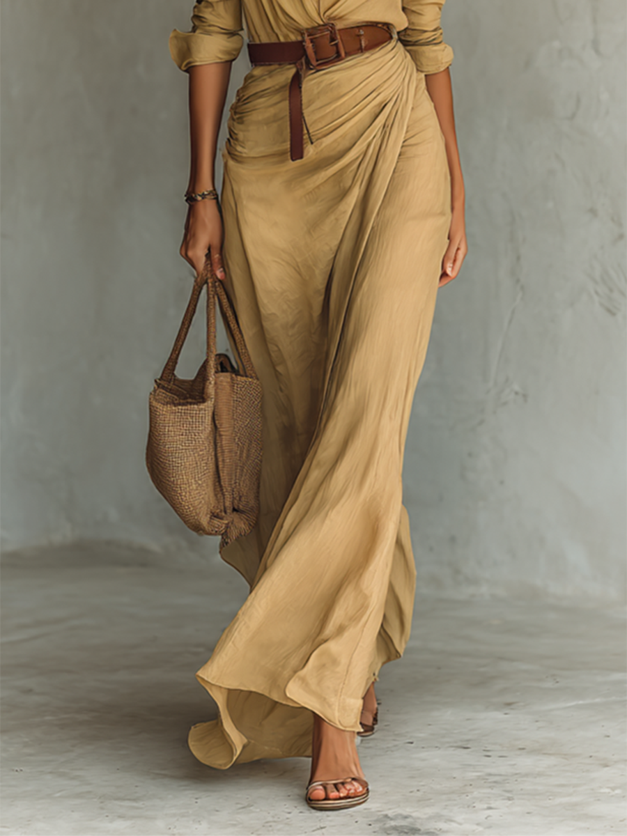 Long Maxi Dress with Lapel Collar and Belt Included