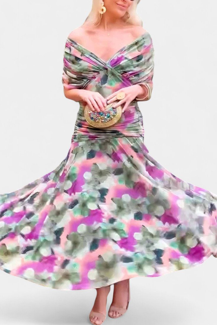 Alondra - Long Dress with Floral Print and V-Neckline