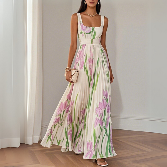 Nina - Stylish Floral Pleated Long Dress
